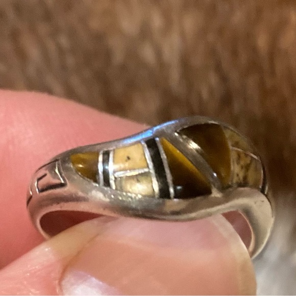 Navajo inlay ring by Teme tiger eye, picture jasper. Sterling silver - Picture 1 of 4